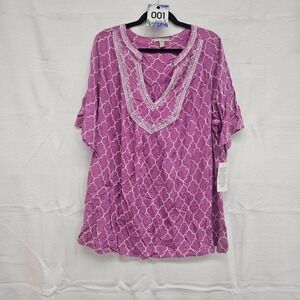 Woman Within size 1X (22/24) short sleeved tunic magenta w/ white pattern